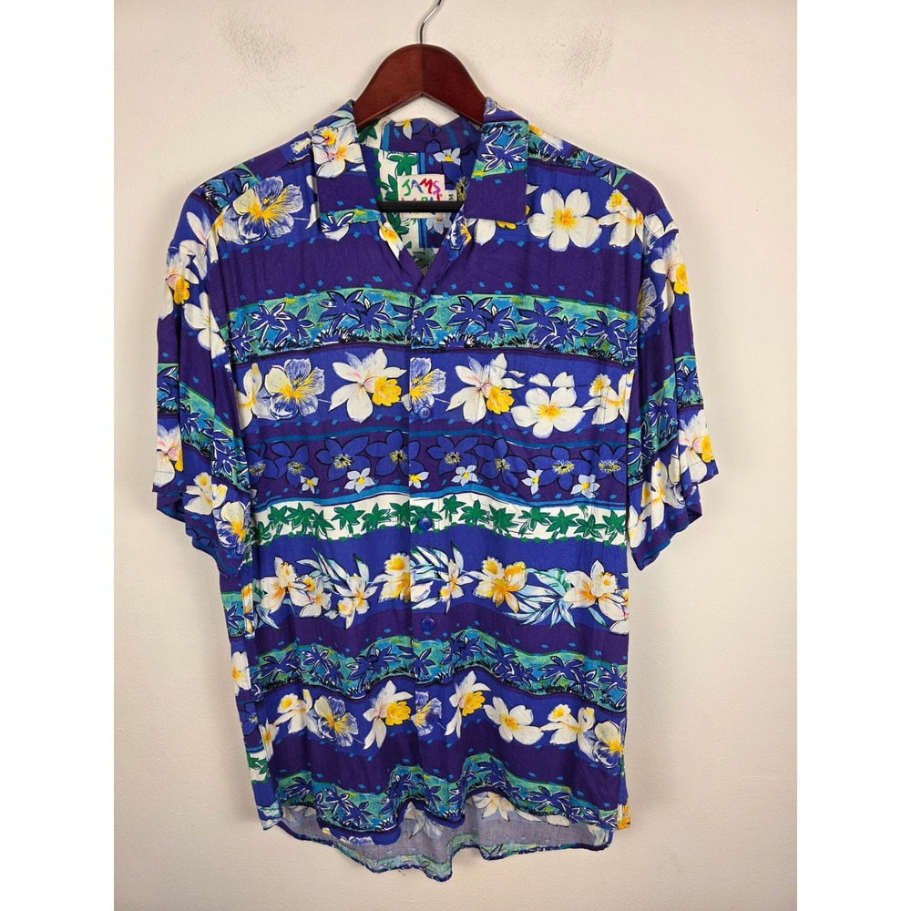 Jams World Vintage Blue‎ Floral Rayon Hawaiian Button Shirt Men's Medium